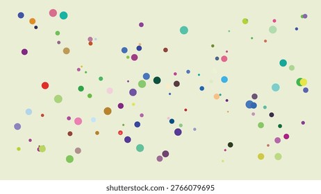 A visually engaging abstract illustration featuring a random scatter of multicolored dots in varying sizes across a light beige backdrop. The dots exhibit a wide spectrum of hues including pastels.