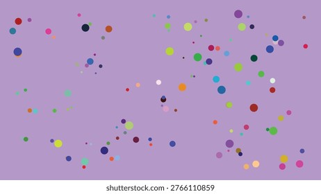 A visually engaging abstract illustration featuring a random scatter of multicolored dots in varying sizes across a solid purple backdrop. The dots exhibit a wide spectrum of colors including reds,.