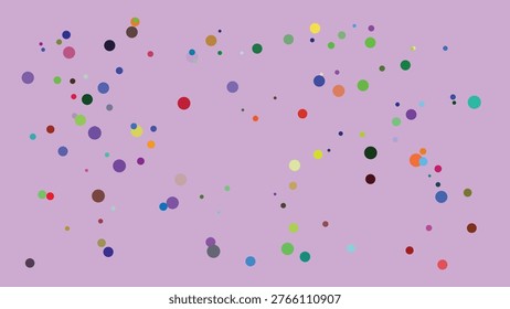 A visually engaging abstract illustration featuring a random distribution of multicolored dots in varying sizes against a light lavender backdrop. The dots exhibit a spectrum of bright hues, creating.