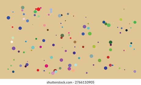 A visually engaging abstract image featuring a random distribution of multicolored circular shapes in varying sizes across a neutral, light beige background. The composition includes a diverse.