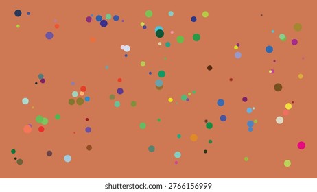 A visually engaging abstract image featuring a random distribution of multicolored dots in varying sizes across an orange backdrop. The dots range from bright primary colors to softer pastels,.