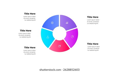 Um infográfico circular visualmente envolvente com 5 ícones e segmentos coloridos, ideal para apresentações e visualização de dados