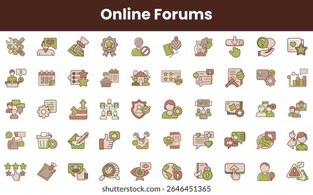A visually engaging collection of icons representing various aspects of online forums, showcasing user interactions, feedback, and community activities.