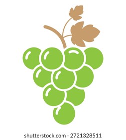 Una ilustración visualmente atractiva y colorida presenta cuidadosamente un rico racimo de uvas verdes vibrantes, complementadas elegantemente por una hoja sutilmente descolorida o suavemente teñida de marrón y un tallo rústico y robusto de color marrón, que juntas insinúan delicadamente la belleza de transición de las temporadas de cosecha tardía o la autenticidad del crecimiento orgánico natural, todo aislado eficazmente contra un fondo blanco prístino para una narración visual matizada.