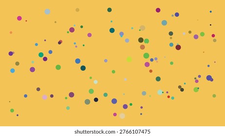A visually engaging composition featuring a random assortment of multicolored circular dots scattered across a solid golden-yellow backdrop. The dots vary in size and hue, creating a lively and.