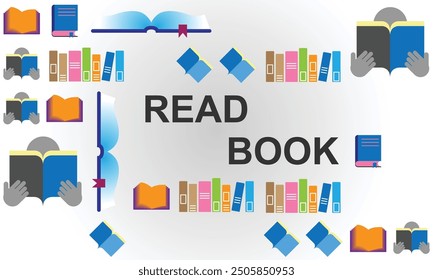 Diseño visualmente atractivo con varios iconos temáticos de libros. Los iconos incluyen libros abiertos, libros en estantes y figuras que leen libros, dispuestos simétricamente. promueve la lectura y la cultura del libro