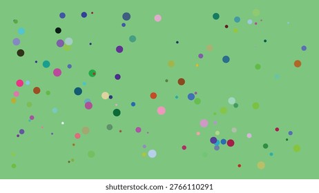 A visually engaging digital composition showcasing an array of multicolored dots in varying sizes scattered across a solid green backdrop. The dots create a lively, abstract pattern with a mix of.