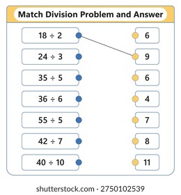 A visually engaging educational worksheet designed for children to practice matching division problems with their correct answers, promoting mathematical understanding and skill development.