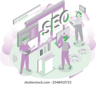 A visually engaging illustration representing SEO (Search Engine Optimization) concepts. This design includes elements like analytics, graphs, website ranking, magnifying glass, and keywords