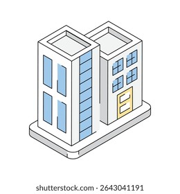 Ícone isométrico visualmente envolvente mostrando o edifício do escritório
