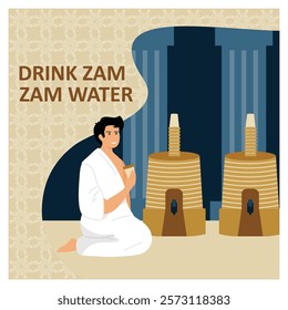 A visually engaging showing a man sitting while drinking Zam Zam water in a serene environment. Flat vector modern illustration  