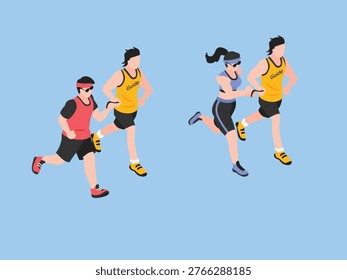 Visually Impaired Athletes Running with Sighted Guides Using Tether Straps 3d isometric vector illustration