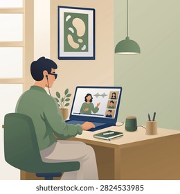 Visually impaired blind man using accessibility features for online video call on laptop