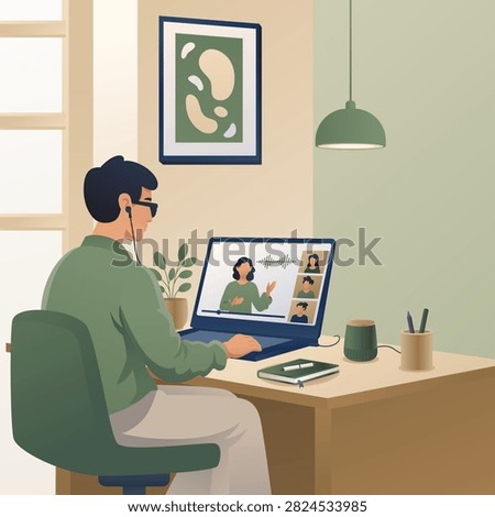 Visually impaired blind man using accessibility features for online video call on laptop