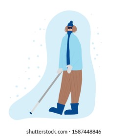 Visually impaired character with cane dressed in warm trendy clothes. Blind person with stick. Vector color flat cartoon illustration.