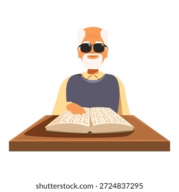 Anciano con discapacidad visual con gafas oscuras leyendo un libro en braille, disfrutando de la literatura y el conocimiento en su retiro