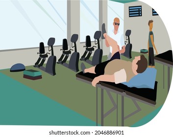 Visually impaired male Physical Therapist doing special exercises to man lying on massage table.	