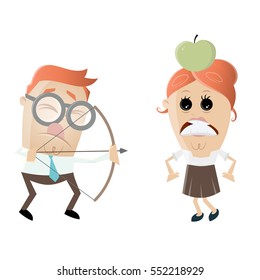 visually impaired man aiming at a woman with an apple on her head