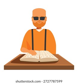 Sehbehinderter Mann, der ein Braille-Buch liest und die Freude an der Literatur durch Berührung erfährt