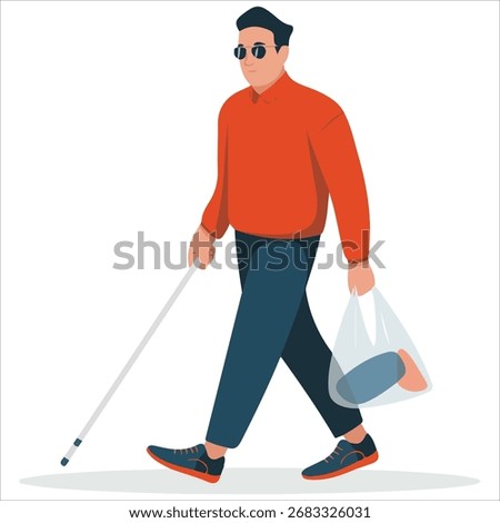 Visually impaired man walking with cane vector illustration