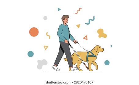 Visually impaired man walking safely with his guide dog and white cane outdoors.