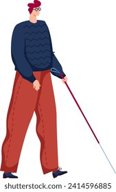 Visually impaired man walking with white cane, male with glasses and cane, disability and independence vector illustration. Blind person navigating space, accessibility awareness vector illustration.