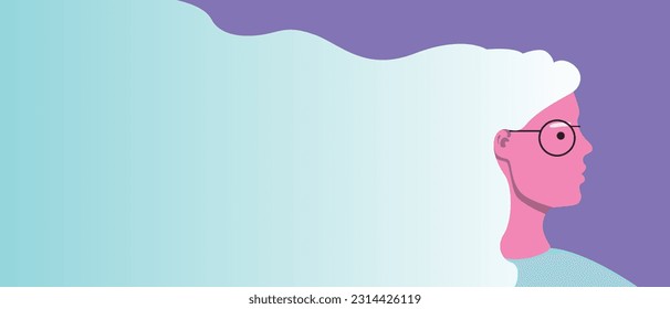 Visually impaired natural beautiful woman with gray hair as copy space template or flat vector stock illustration