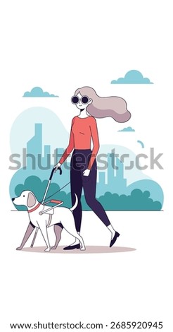 A visually impaired person walks with a guide dog in a city.