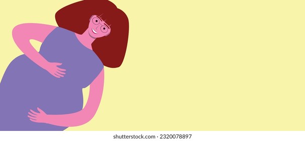 Visually impaired pregnant woman in glasses with tummy as copy space template for design, flat vector stock illustration