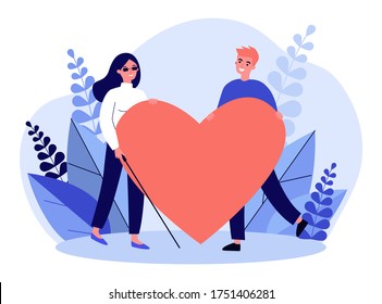 Mujer y hombre con problemas visuales sosteniendo un gran corazón. Romance, cuidado, soporte de ilustración vectorial plana. Concepto de amor y relación para banner, diseño de sitio web o página web de inicio