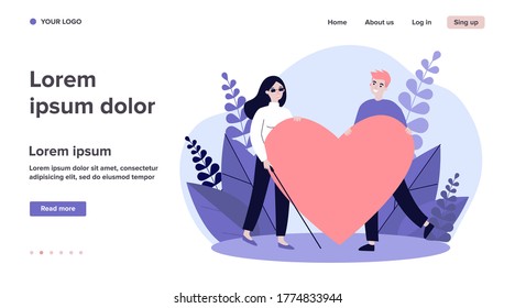 Visually impaired woman and man holding big heart. Romance, care, support flat vector illustration. Love and relationship concept for banner, website design or landing web page