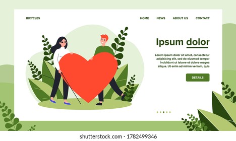 Visually impaired woman and man holding big heart. Romance, care, support flat vector illustration. Love and relationship concept for banner, website design or landing web page