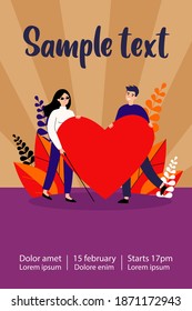 Visually impaired woman and man holding big heart. Romance, care, support flat vector illustration. Love and relationship concept for banner, website design or landing web page