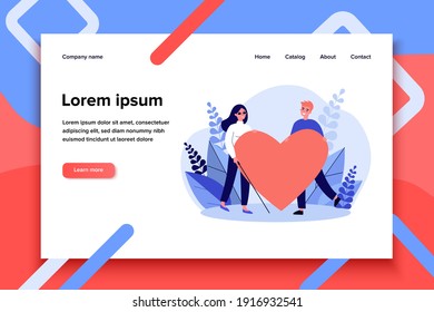 Visually impaired woman and man holding big heart. Romance, care, support flat vector illustration. Love and relationship concept for banner, website design or landing web page