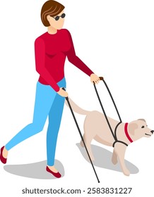 Visually impaired woman walking outdoors, guided by her loyal service dog while using a white cane, embracing independence and enjoying the companionship of her canine friend