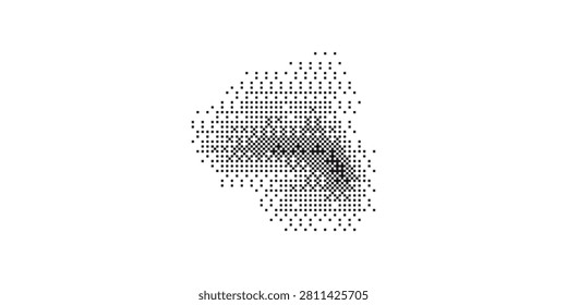 A visually intriguing abstract design featuring a dense arrangement of small, dark pixels forming an irregular, organic shape against a clean white backdrop.