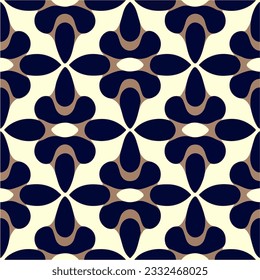 Visually pleasing pattern on a white background, featuring abstract blue and brown elements. The symmetry of this seamless pattern adds to its charm, while its aizome and art deco influences.