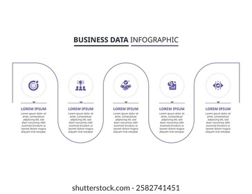 Visually represents business data with icons, steps, and concise details.