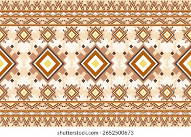 A visually rich repeating geometric pattern features layered diamonds and triangles in earthy tones of brown beige cream and yellow It presents a captivating intricate ethnic or tribal design element