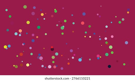 A visually striking abstract composition featuring an array of multicolored dots and circles randomly distributed across a rich, deep magenta backdrop. The varied sizes and bright hues create a.