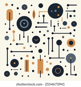 A visually striking abstract design featuring a variety of circles, lines, and shapes in a harmonious color palette of black, gray, and orange against a light background.
