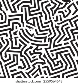 A visually striking abstract design featuring a series of intricate, interwoven black and white lines and shapes. 