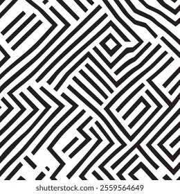 A visually striking abstract design featuring a series of intricate, interwoven black and white lines and shapes.
