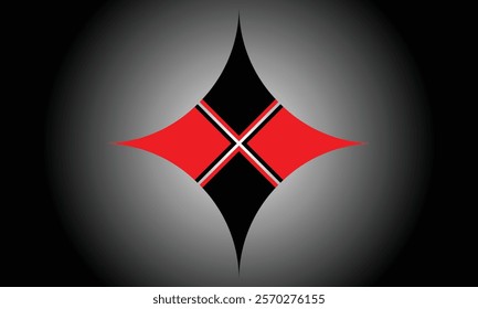 A visually striking abstract design featuring a diamond shape with bold black and red stripes against a dark gray background.