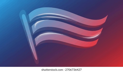 Un diseño abstracto visualmente llamativo que representa una bandera patriótica ondeando con gracia. La obra de arte presenta un fondo degradado vibrante que se mezcla perfectamente del azul al rojo, creando un