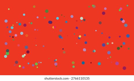 A visually striking abstract digital composition featuring numerous multicolored circular shapes scattered across a solid orange backdrop. The circles vary in size and hue, creating a dynamic and.