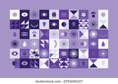 A visually striking abstract geometric pattern with eye symbols, teardrops, and dynamic shapes in shades of purple. The structured yet playful design blends symmetry, repetition, and modern aesthetics