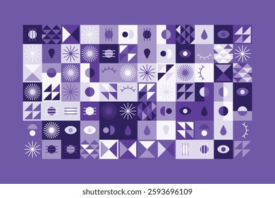 A visually striking abstract geometric pattern with eye symbols, teardrops, and dynamic shapes in shades of purple. The structured yet playful design blends symmetry, repetition, and modern aesthetics