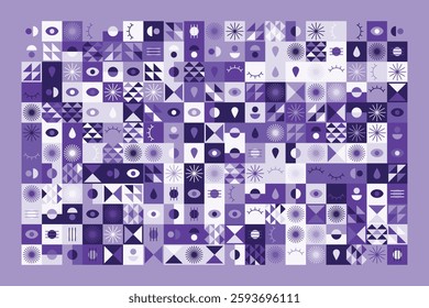 A visually striking abstract geometric pattern with eye symbols, teardrops, and dynamic shapes in shades of purple. The structured yet playful design blends symmetry, repetition, and modern aesthetics