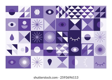 A visually striking abstract geometric pattern with eye symbols, teardrops, and dynamic shapes in shades of purple. The structured yet playful design blends symmetry, repetition, and modern aesthetics